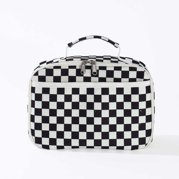Insulated Checkerboard Lunch Tote with Top Handle and Front Zip Pocket Bowlift