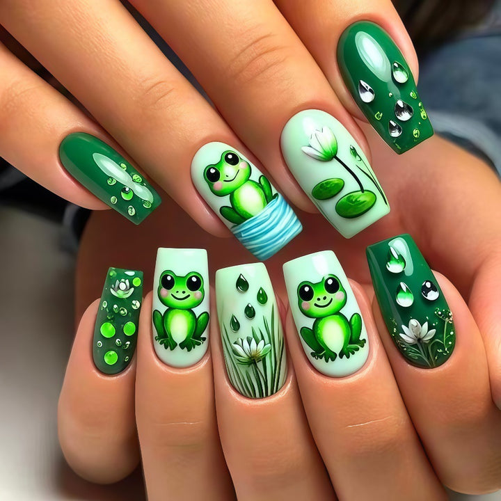 Creative art nails with frogs and plant details Bowlift