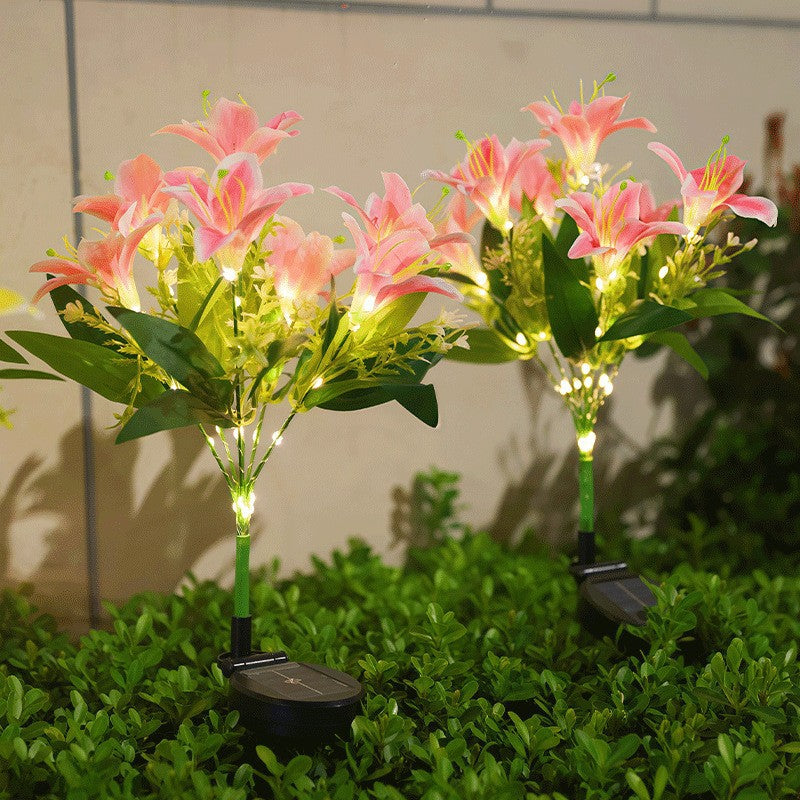 Solar-Powered Lifelike Lily Bloom Landscape Stake With Micro-LED Cluster And Telescopic Ground Spike Bowlift