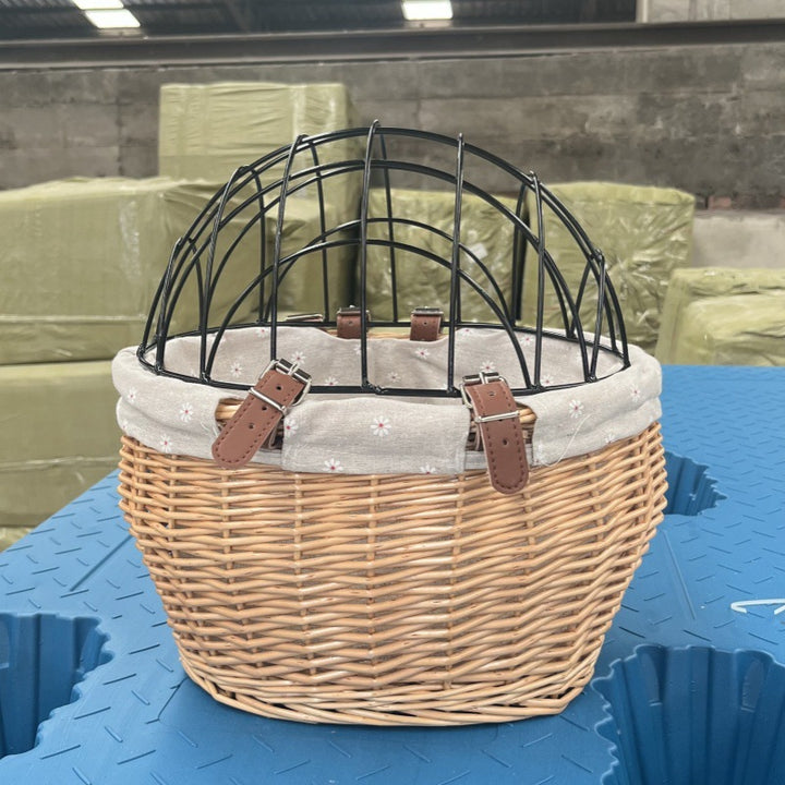 wicker bicycle pet carrier with removable washable liner and reinforced lockable metal dome Bowlift