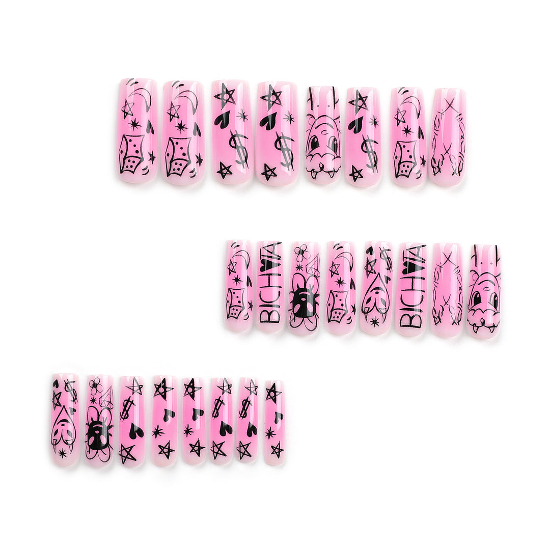Artificial nail set with playful cartoon motif and shimmering accents Bowlift
