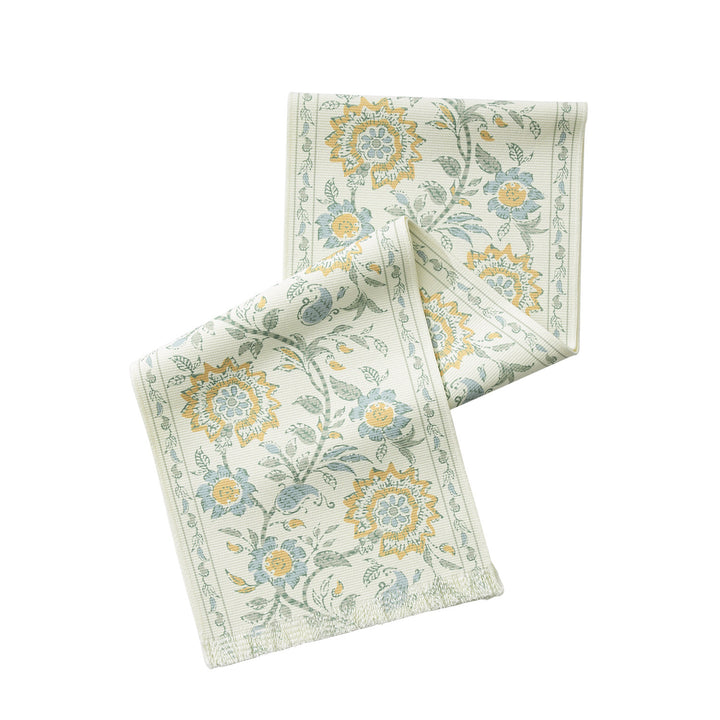 Woven decorative table runner with floral medallion borders and fringes Bowlift