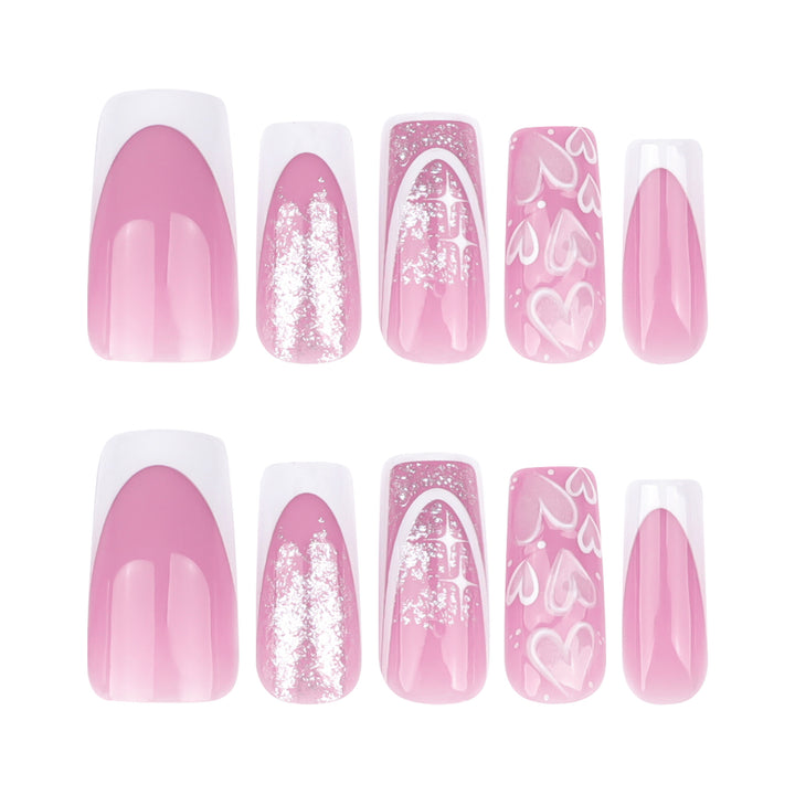 Artful Nail Extensions with Modern Glitter Design and Heart Accents Bowlift