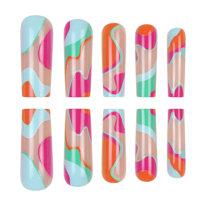 Artistic Long Press-On Nails with Colorful Abstract Design Bowlift
