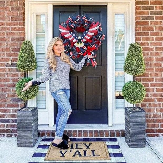 Unisex handmade decorative wreath made of polyester mesh with eagle centerpiece and Americana ribbons Bowlift