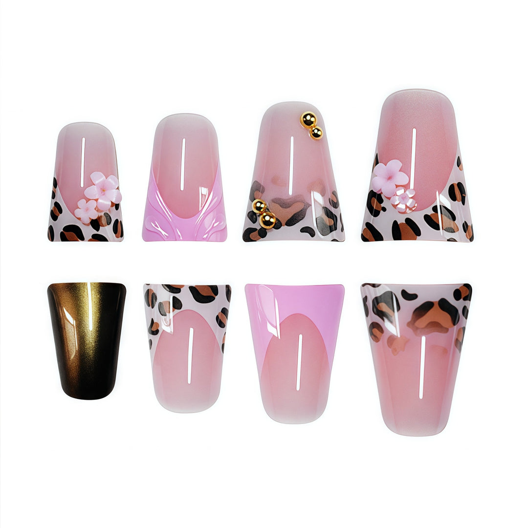 Decorative Press-On Nail Art with Floral and Leopard Accents Bowlift