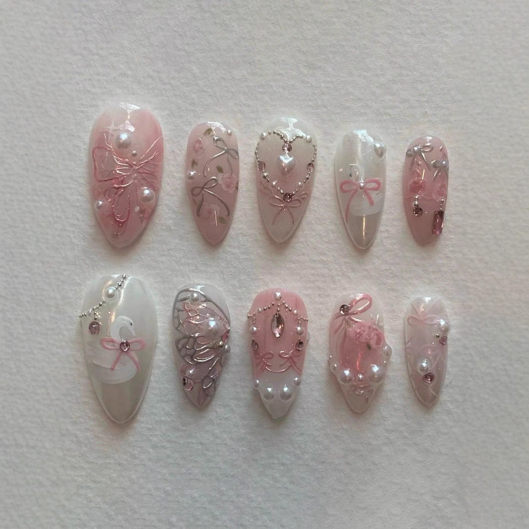 Decorative 3D Bow and Pearl Press-On Nail Art Bowlift