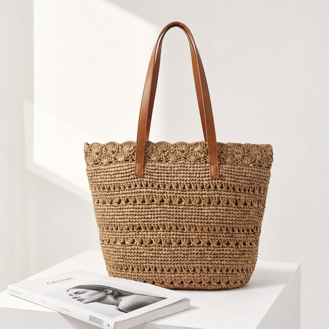 Beach bag with handcrafted crochet pattern and leather handles Bowlift