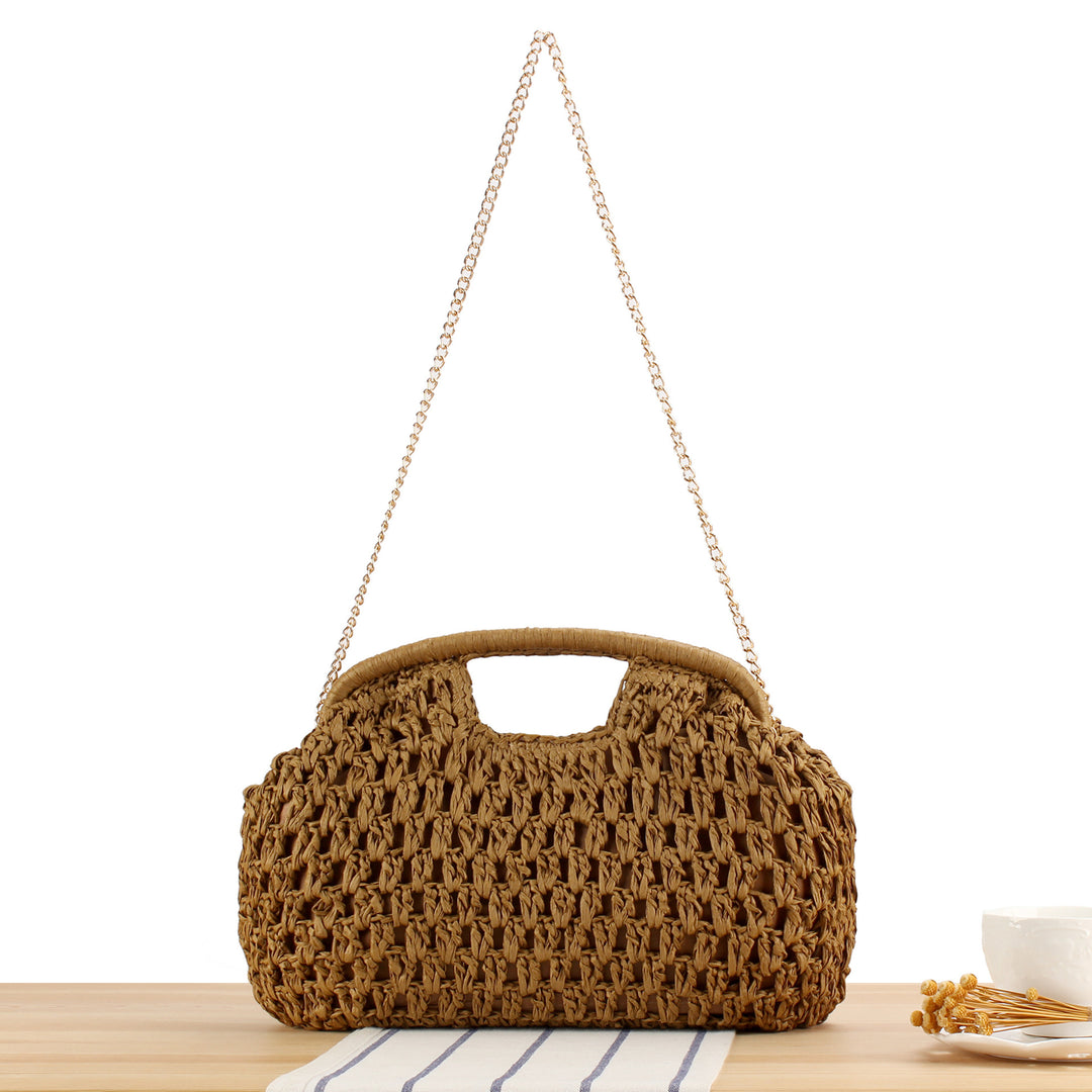 Beach Shoulder Bag Made of Natural Weave with Elegant Chain Decoration Bowlift