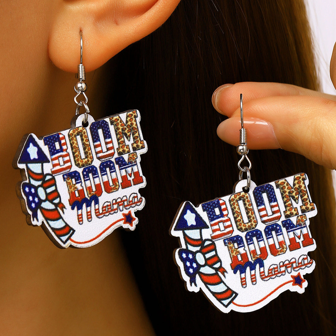 Women's nan patriotic novelty dangle hook earrings with laser-printed wooden fireworks charm Bowlift