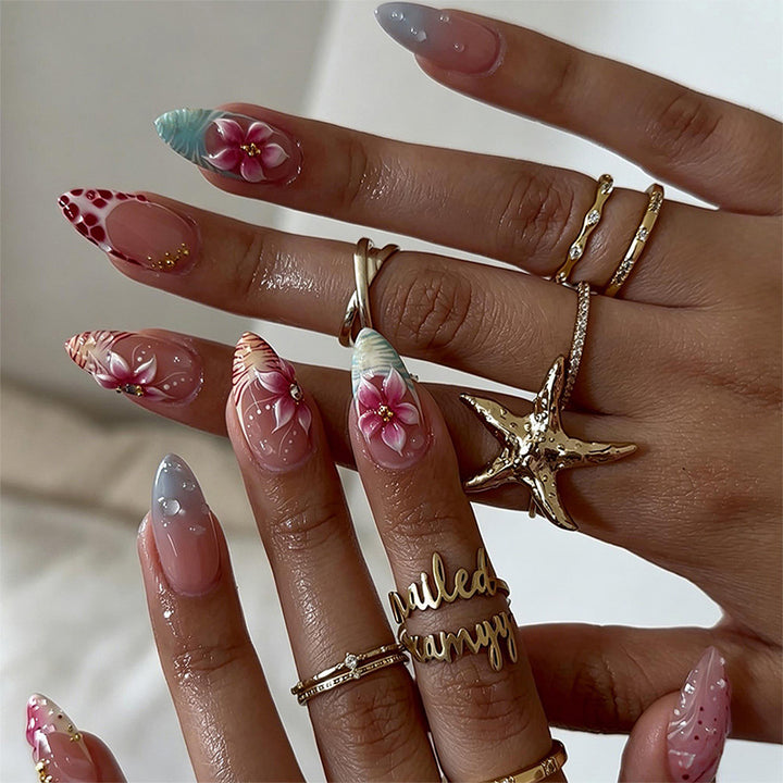 Artificial Nail Set with Floral and Glittering Accents Bowlift