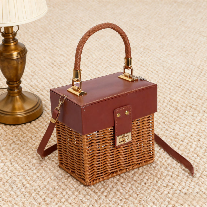 Women Stylish Basket with Elegant Leather Lid and Woven Design Bowlift