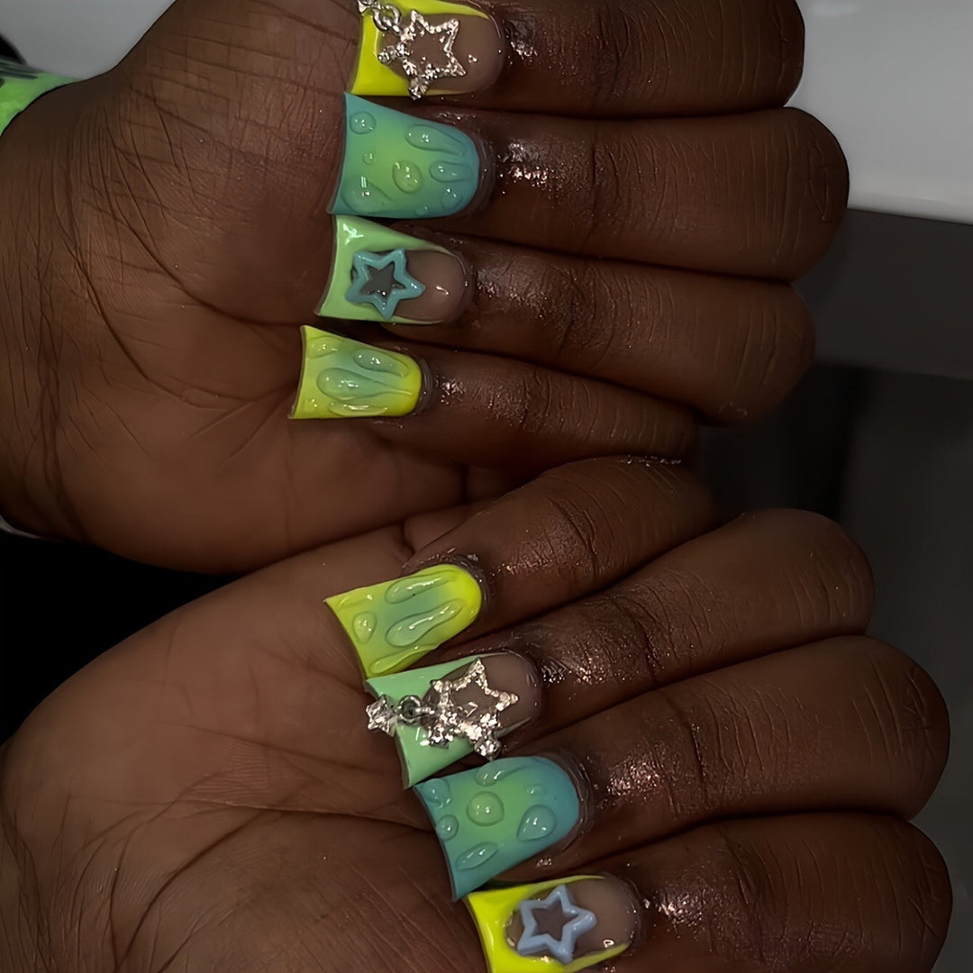 Creative Press-On Nail Art Set with Star and Drip Design Bowlift
