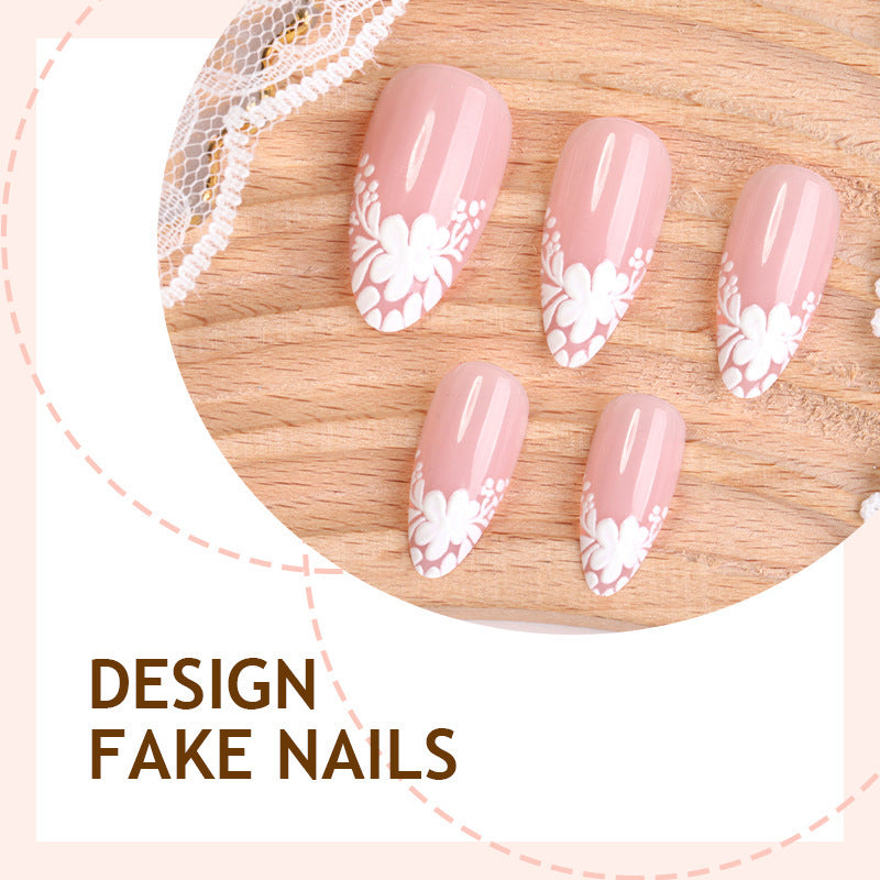 Artificial nail set with delicate floral decorations and translucent finish Bowlift