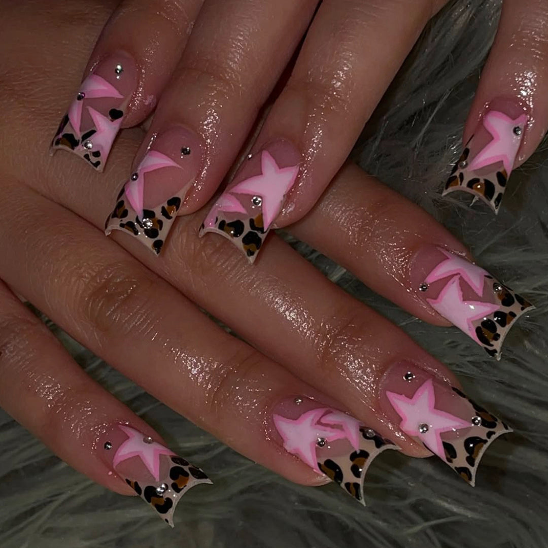 Artistic Star and Leopard Print Nail Art Extensions Bowlift