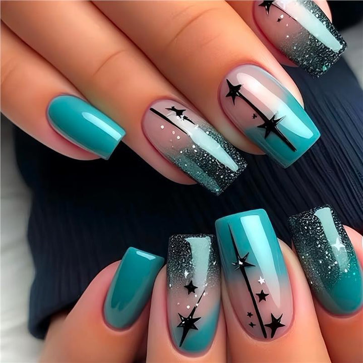Artistic Gradient Press-On Nail Set with Star Design Bowlift