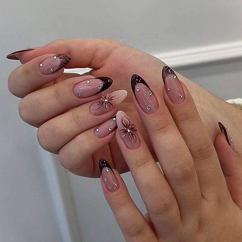 Deluxe Press-On Nail Set with Elegant Black Tips and Embellishments Bowlift