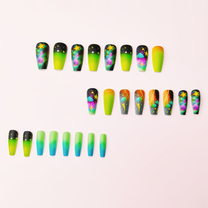 Creative acrylic nails with neon galaxy design Bowlift