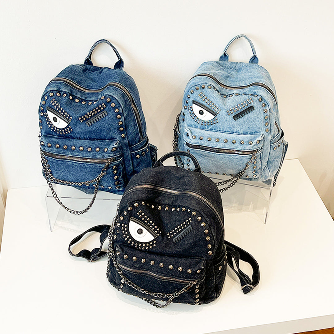 Stylish Denim Backpack with Decorative Rivets