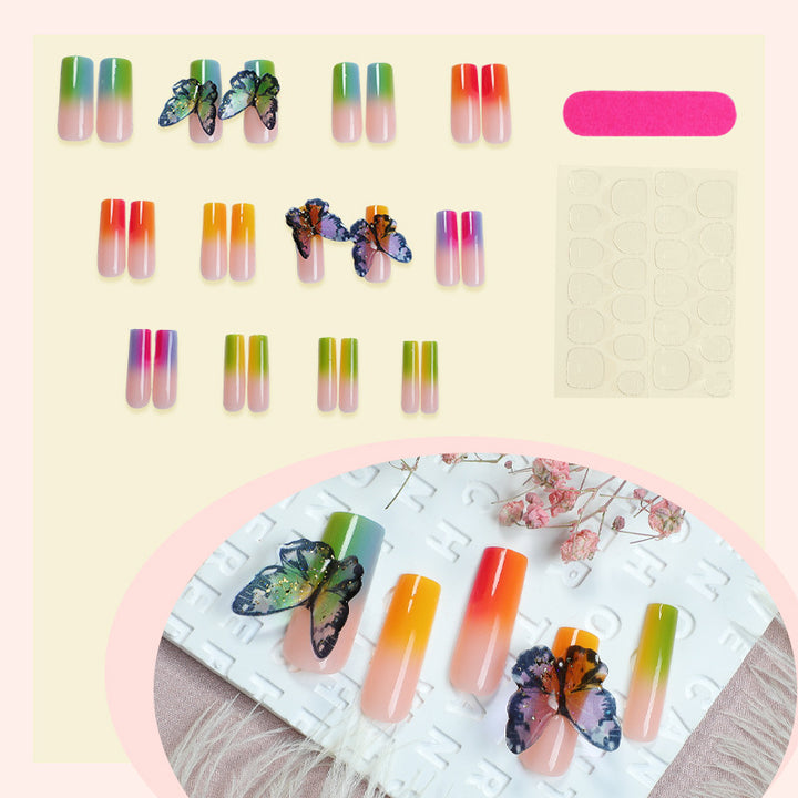 Artistic Press-On Nail Set with Butterfly and Gradient Design Bowlift