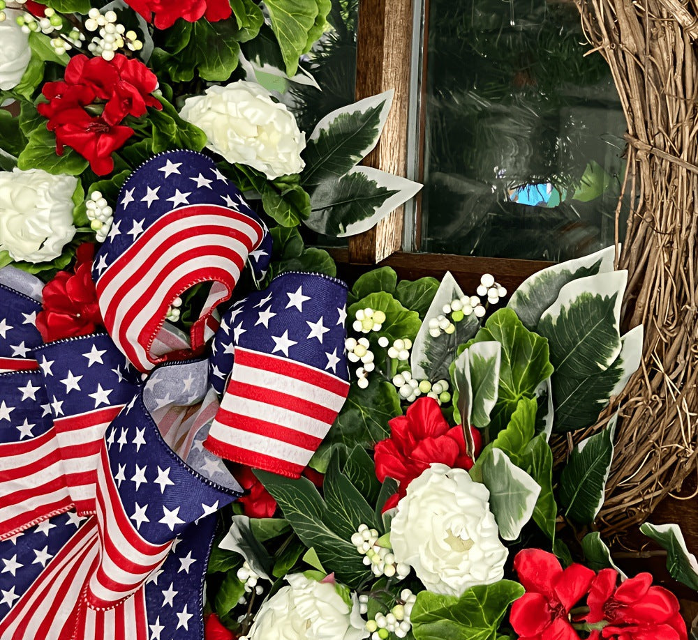 Unisex nan patriotic Americana grapevine front door wreath with oversized star-spangled bow and realistic silk floral accents Bowlift