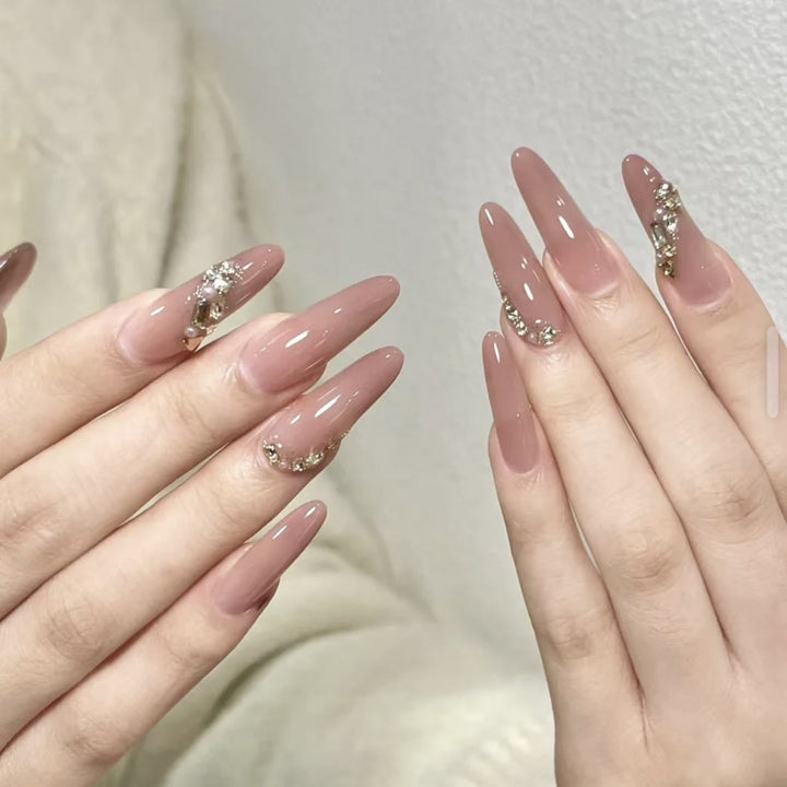 Premium Long Almond-Shaped Press-On Nail Set with Floral and Crystal Accents Bowlift