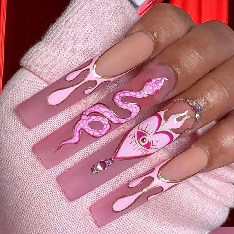 Artful Nail Extensions with Snake and Flower Decoration Bowlift