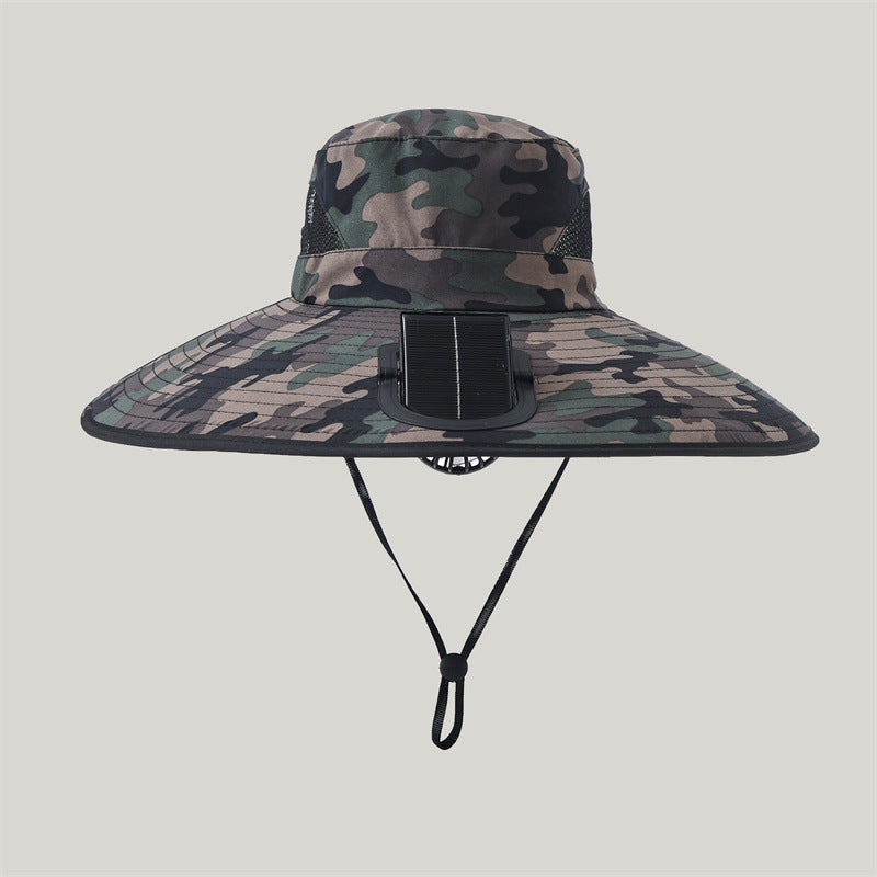 Wide-brimmed outdoor sun hat with solar-powered micro fan, breathable mesh and adjustable chin strap Bowlift