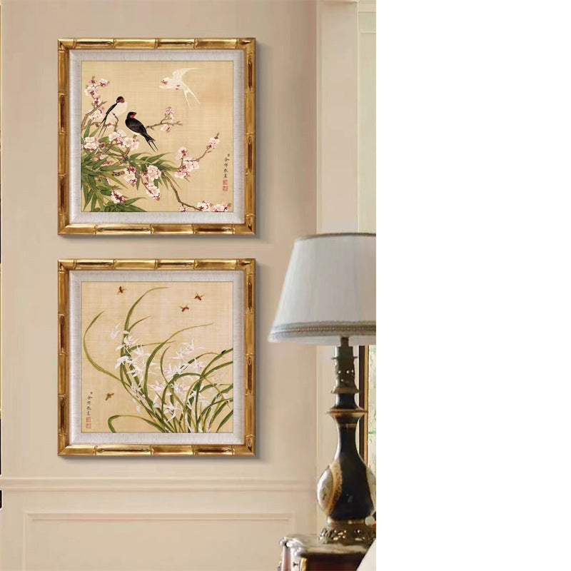 Framed Asian inspired flower bird artwork