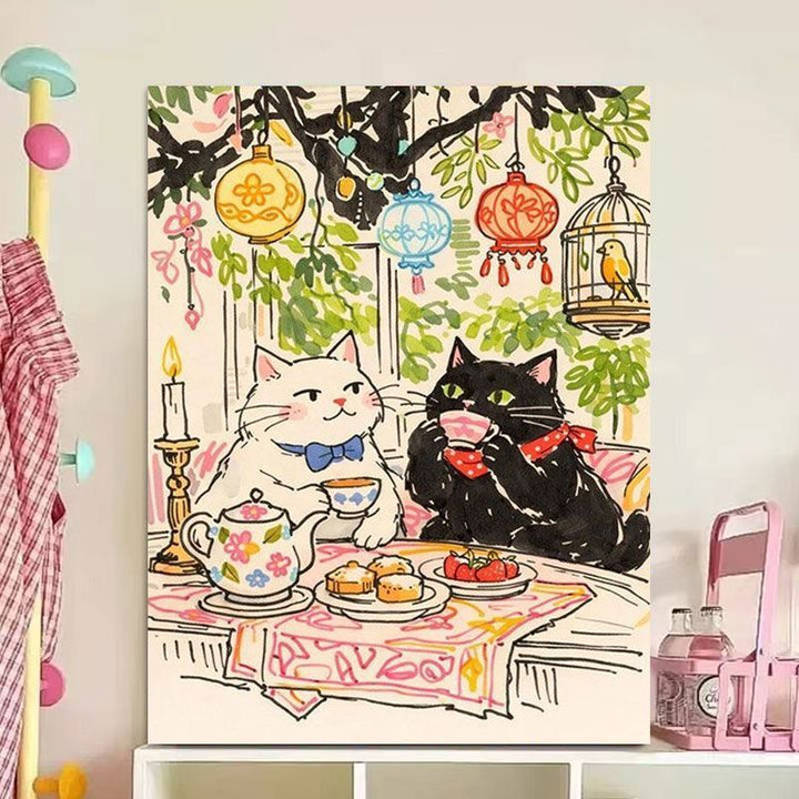 Whimsical Cat Illustration Canvas Art Print Bowlift