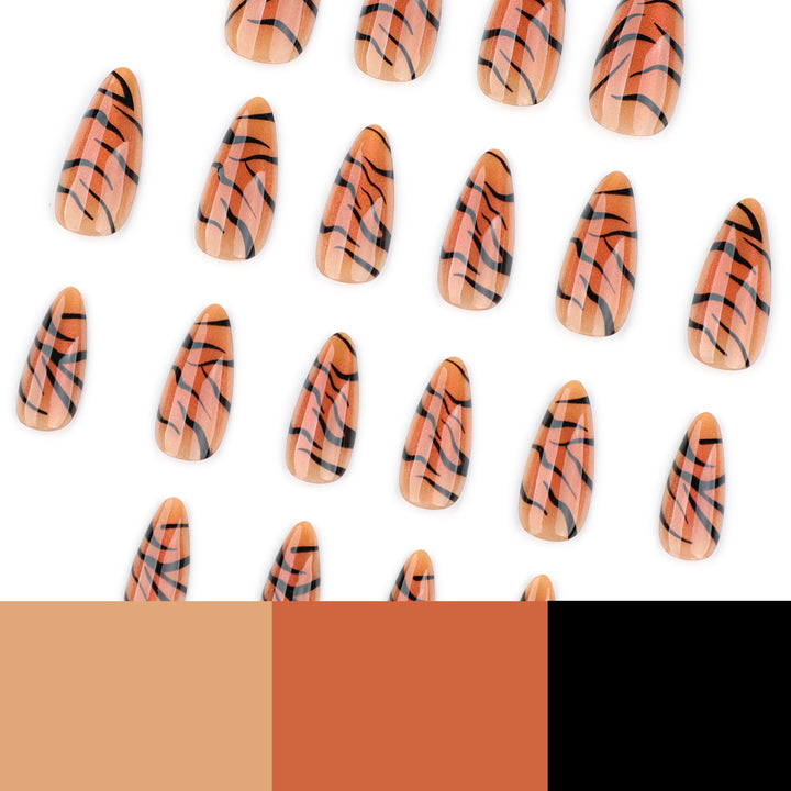 Artful stiletto nails with creative tiger stripe design Bowlift