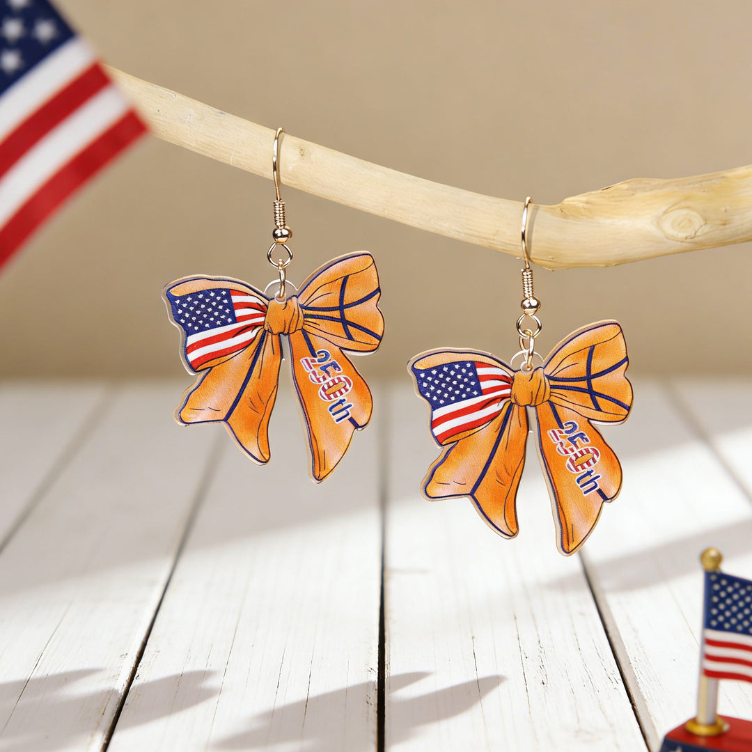 Women's nan patriotic bow dangle acrylic earrings with gold plated hooks and lightweight charm Bowlift