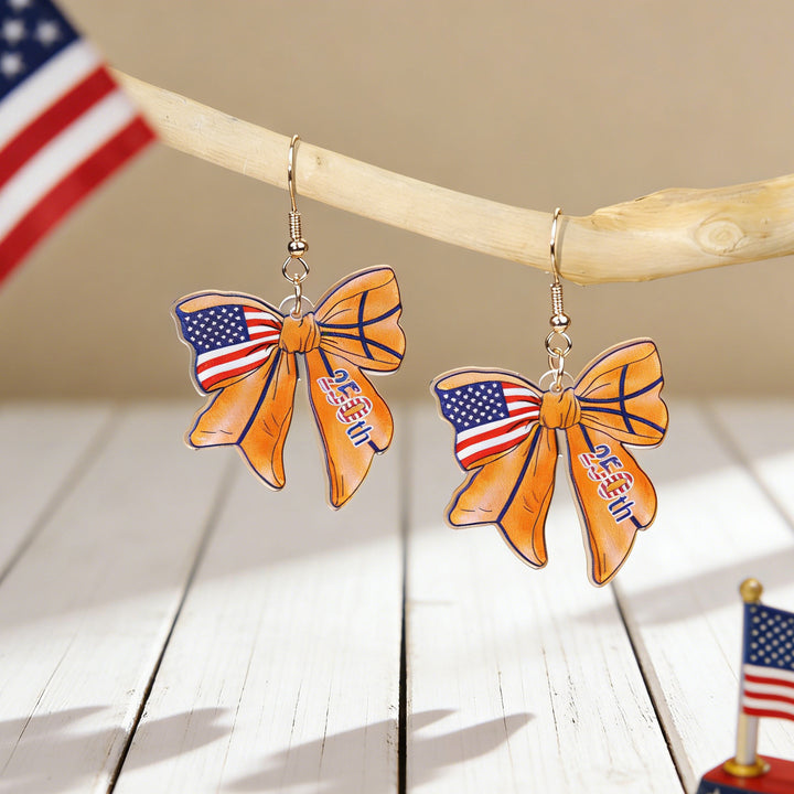 Women's nan patriotic bow dangle acrylic earrings with gold plated hooks and lightweight charm Bowlift