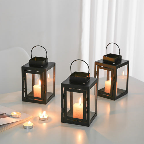Square Metal and Glass Tealight Lantern with Front Door and Carry Handle Bowlift