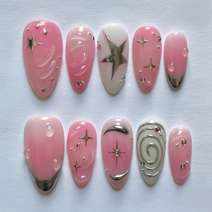 Artistic Star-Embellished Press-On Nail Design Bowlift