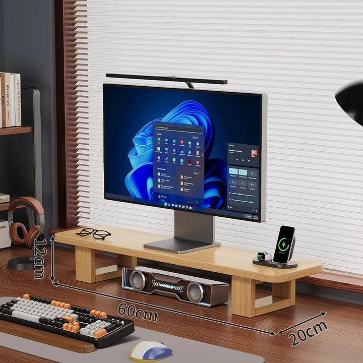 Modern Wooden Monitor Stand with Cable Management Bowlift