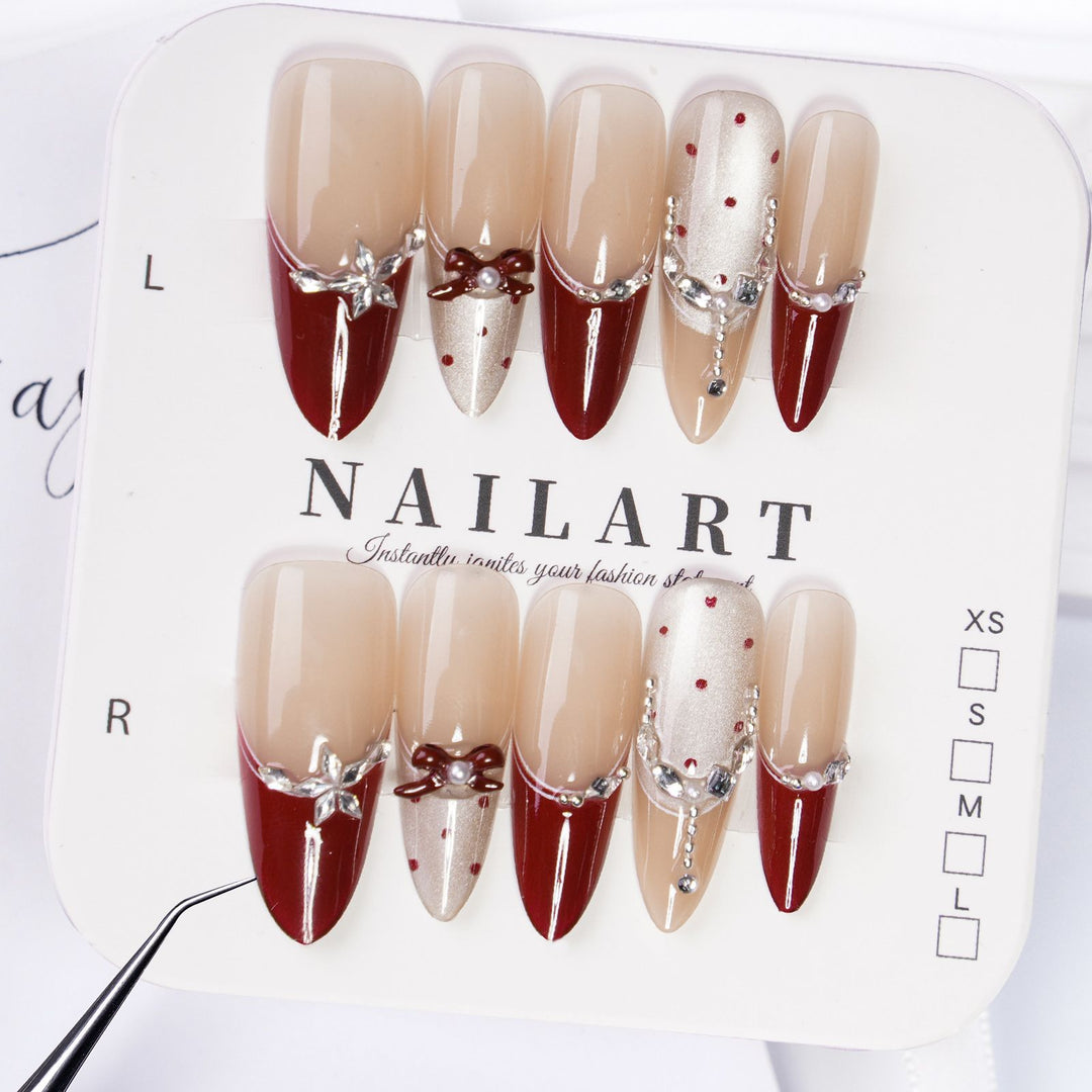 Elegant Press-On Nail Art Set with Floral and Gemstone Embellishments Bowlift
