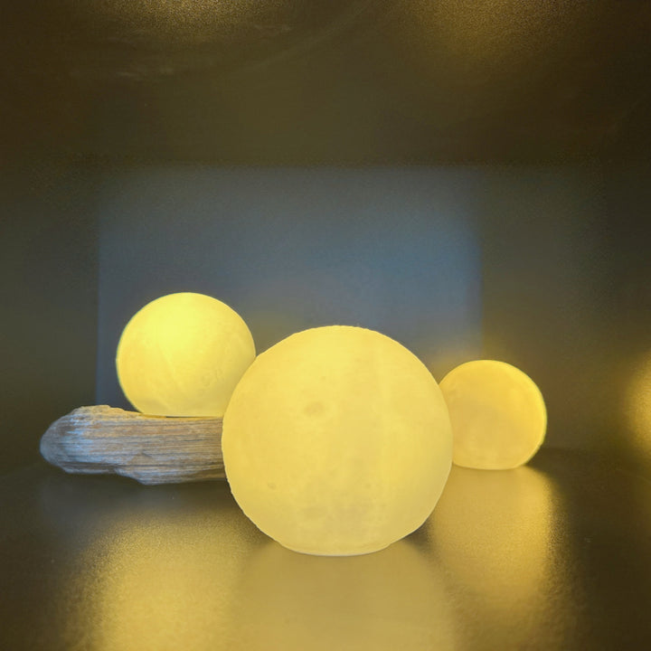 3D Lunar Texture LED Orb Night Lamp with Wooden Geometric Stand Bowlift