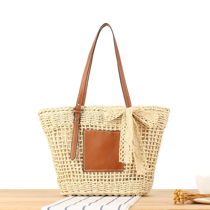 Elegant Braided Raffia Bag with Leather Accent Bowlift
