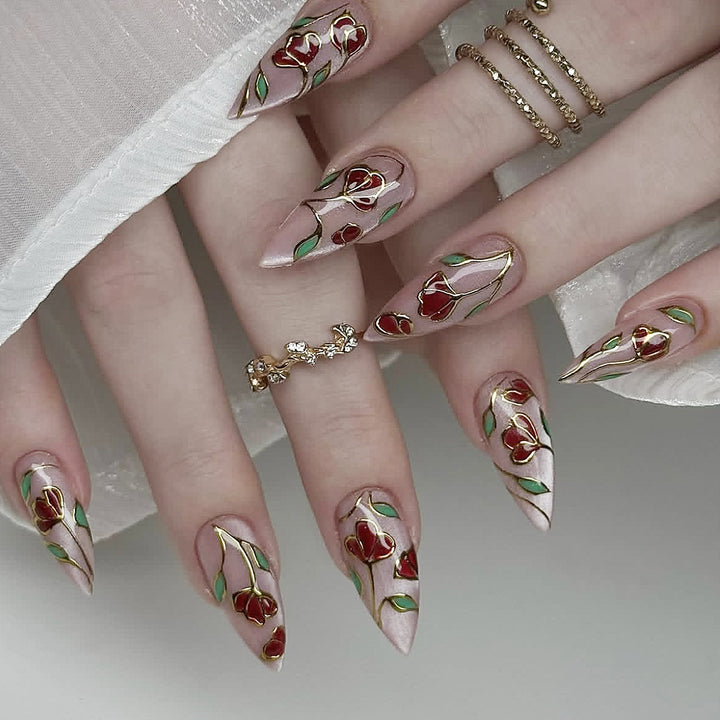 Elegant Floral Stiletto Nail Art Extensions Bowlift