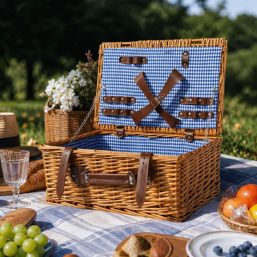 Ladies Luxury Picnic Basket with Offset Dish Compartment and Floral Lining Bowlift