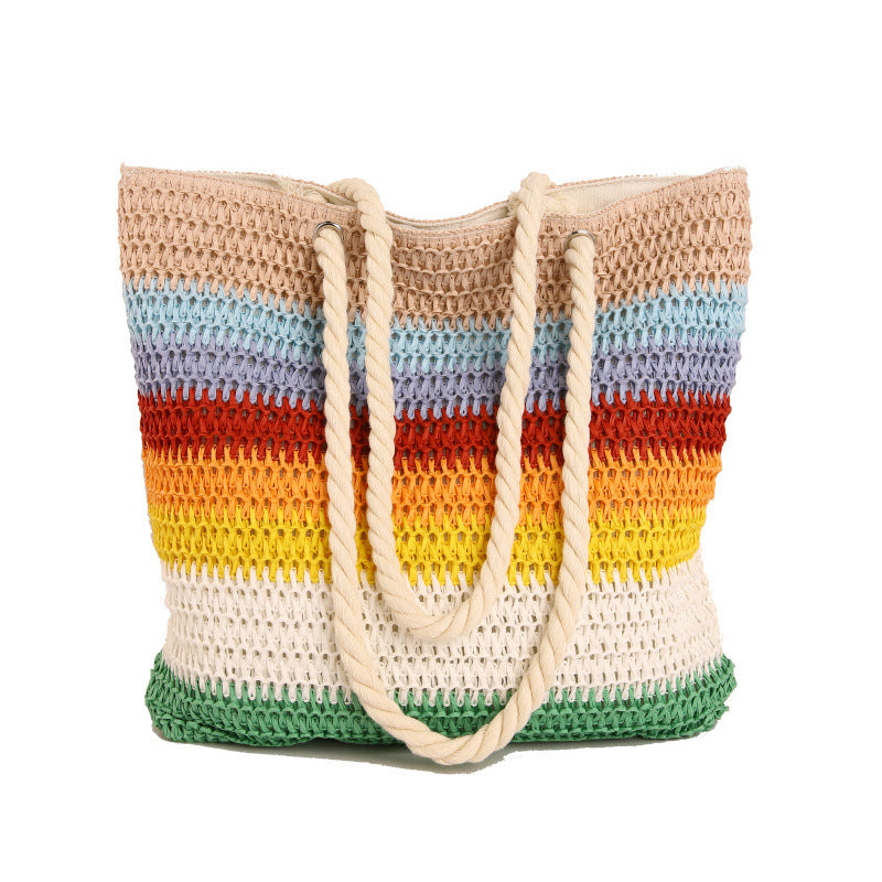 Striped Crochet Beach Tote with Rope Handles and Lined Interior Bowlift