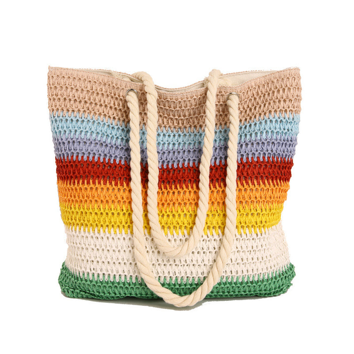 Striped Crochet Beach Tote with Rope Handles and Lined Interior Bowlift