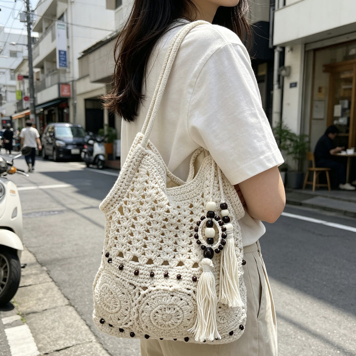 Hand-crocheted shoulder bag with unique fringe design Bowlift