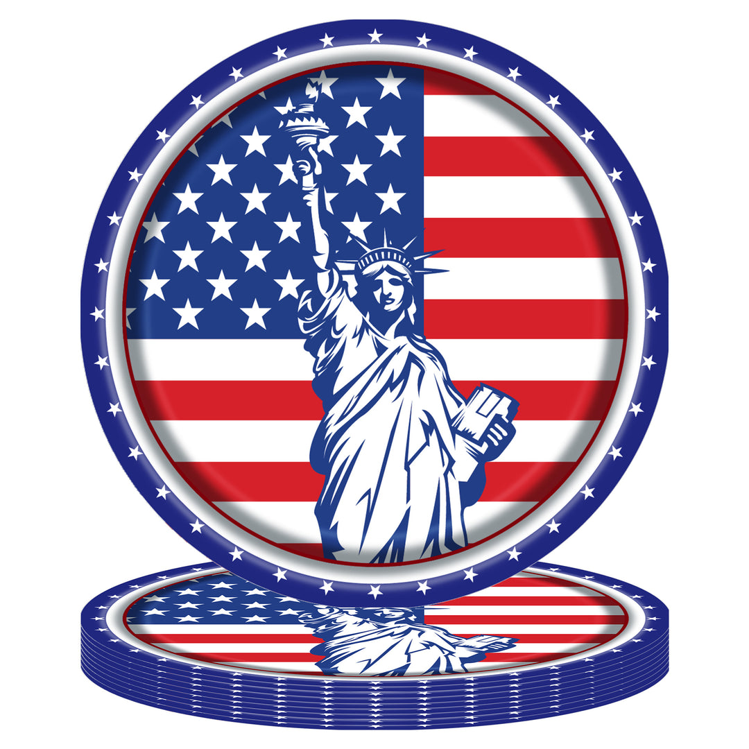 Unisex disposable paper plate with patriotic Statue of Liberty and stars and stripes design, sturdy wide rim Bowlift