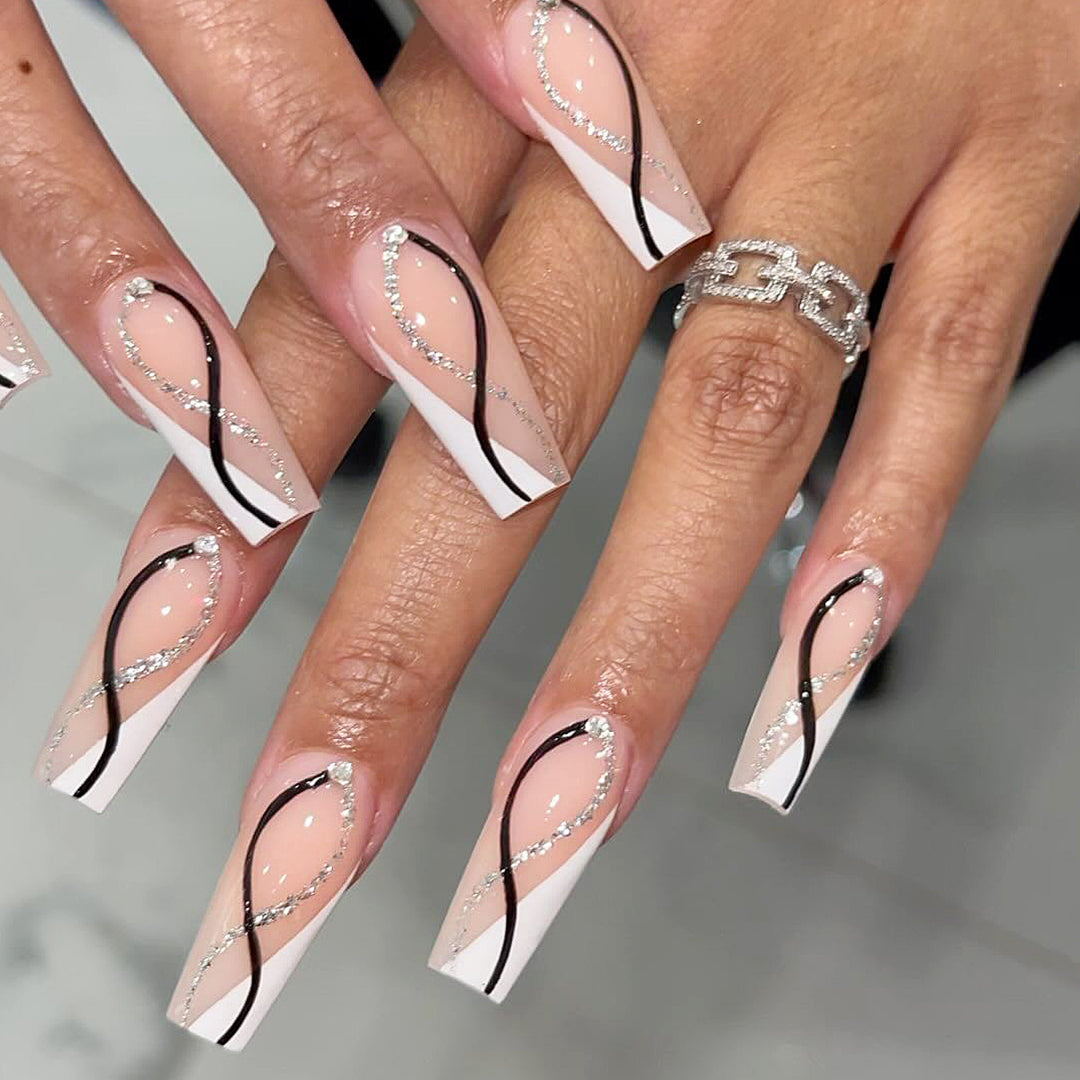 Artistic Nail Extensions with Elegant Glitter Design Bowlift