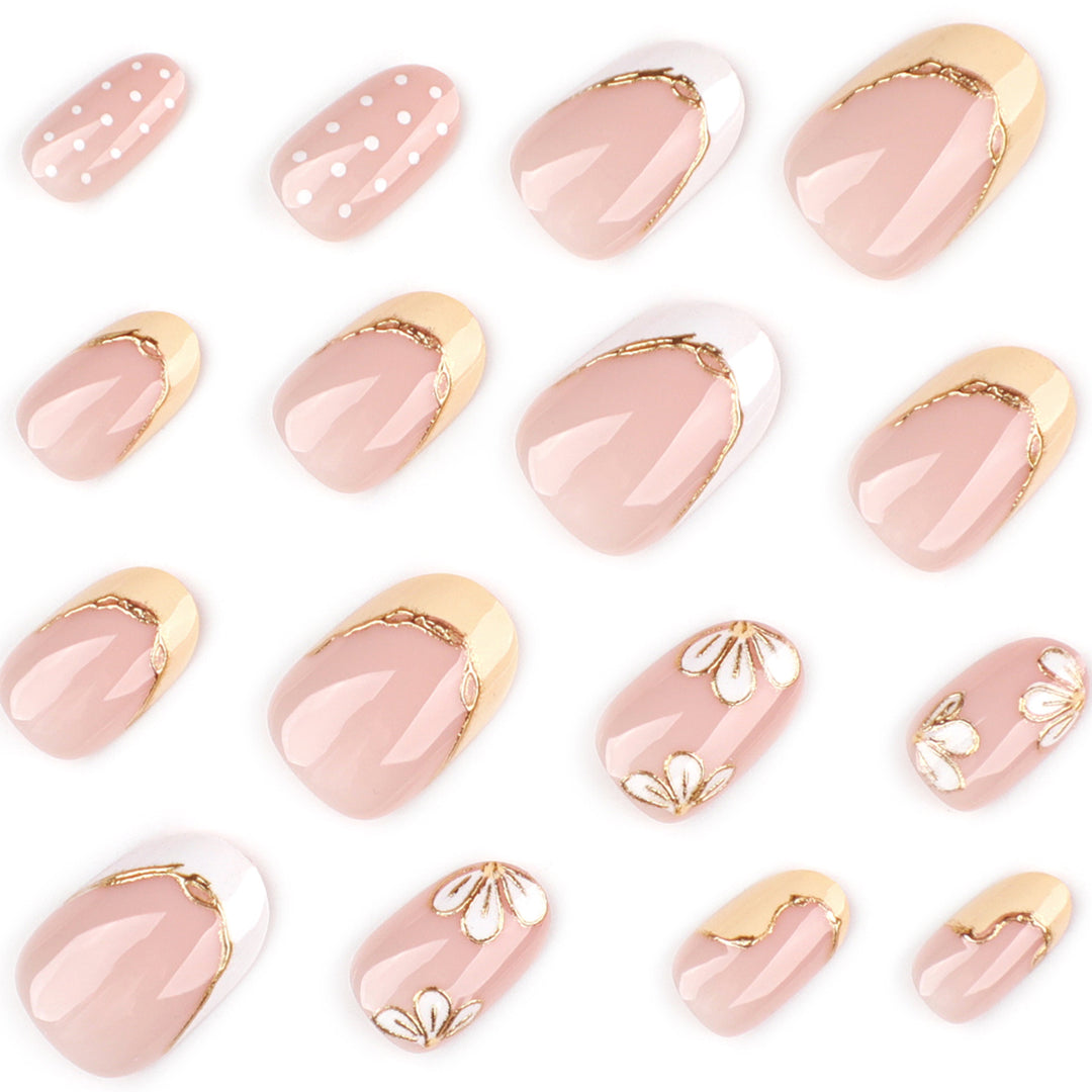 Artful Nail Extensions with Floral Design and Elegant Gold Accents Bowlift
