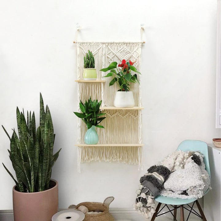 Decorative macrame plant holder with shelves