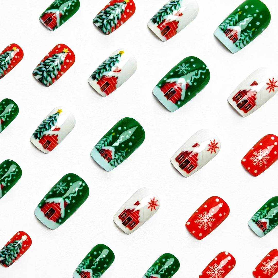Artificial nails with winter chalet design Bowlift