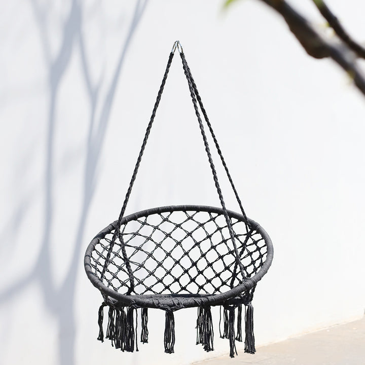 Macrame hanging chair with complete ceiling mounting kit and decorative tassel fringe Bowlift